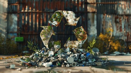 Poster - A thought-provoking photorealistic rendering of the recycling symbol crafted from recycled materials, highlighting the potential for waste to be transformed into valuable resources.