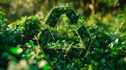 Poster - A vibrant photorealistic depiction of the recycling symbol emerging from a lush green forest, symbolizing the harmony between human progress and environmental sustainability.