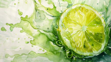 Poster - A vibrant watercolor painting of a lime slice with a burst of lime juice, showcasing the fruit's vibrant colors and the fluidity of the liquid.