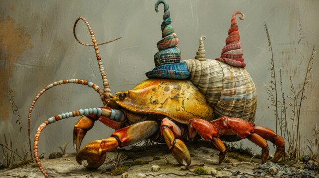 A whimsical drawing of a hermit crab wearing a variety of tiny hats.