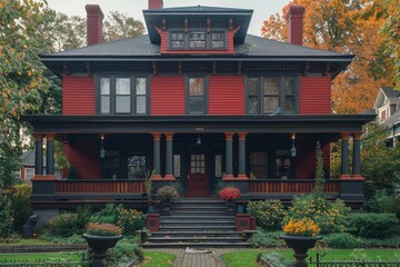 Wall Mural - A classic craftsman foursquare with a timeless deep red exterior, boasting a symmetrical design and a grand staircase leading up to the porch.