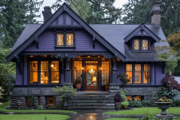 Wall Mural - A craftsman arts and crafts style home with a muted lavender exterior, adorned with stained glass accents in the front door.