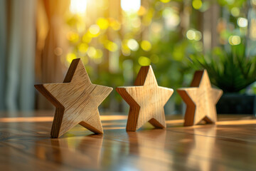 Poster - Three wooden stars on a sunny wooden floor with a blurred green background, showcasing simplicity and natural beauty in home decor.