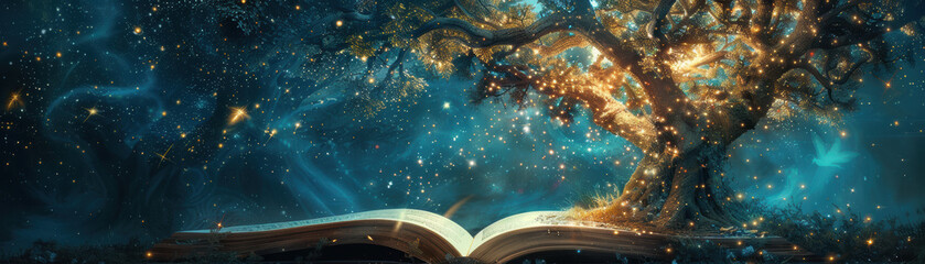 An enchanting open book emits magical light under a mystical tree. Stars and sparkles illuminate the scene, evoking fantasy and wonder.