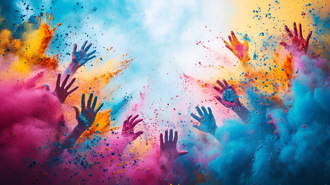 Colorful hands covered in vibrant colored powder, creating a festive and lively atmosphere.