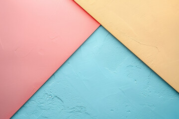 Poster - Bright abstract background with pastel pink, yellow, and blue colors, featuring geometric shapes and textured surfaces for creative design concepts.