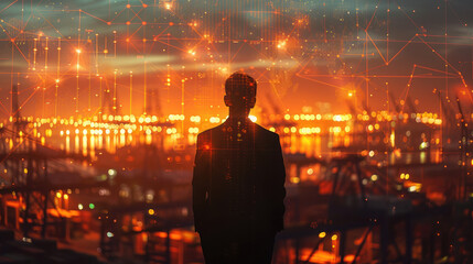 Poster - Silhouette of a business person standing against a backdrop of a glowing cityscape with a digital data overlay at sunset