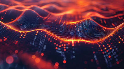 Poster - Futuristic digital landscape with glowing red lines forming an abstract wave pattern. High-tech, data visualization concept, perfect for digital backgrounds.