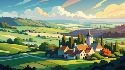 Wall Mural - Idyllic Countryside Landscape with Church and Rolling Hills at Sunset