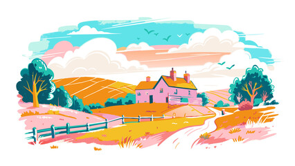 Wall Mural - Idyllic Countryside Landscape with Cozy Farmhouse Illustration