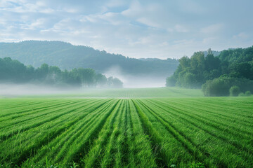 Wall Mural - Serene landscape of a lush green field with morning fog, set against rolling hills and a cloudy sky, creating a calming natural scenery.