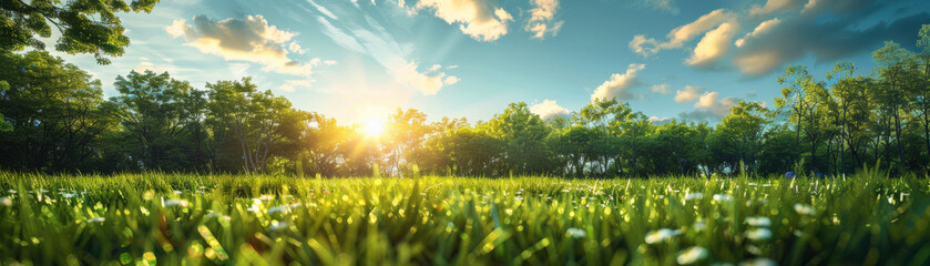 Wall Mural - Beautiful sunrise over a lush, green meadow with wildflowers and a clear, blue sky, creating a serene and peaceful natural landscape.