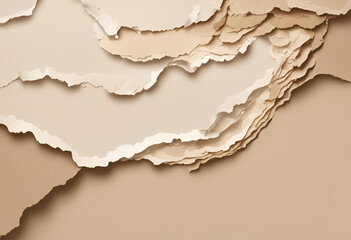 Layers of ripped paper scattered on beige surface, providing a textured background with empty space for text.