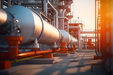 3d rendering of an oil production plant with pipes and machinery, set against the backdrop of industrial architecture. The focus is on one large blue pipe in closeup view