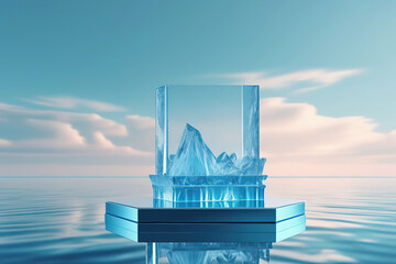 platform podium soft white ice cool cold chill concept. product display iceberg snow mountain night sky blue atmosphere. commercial advertisement for skincare3D Illustration.aigenerated
