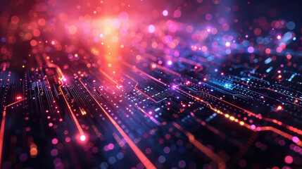Poster - Abstract digital technology background with colorful bokeh and circuit lines, representing data flow, innovation, and futuristic concepts in electronics.