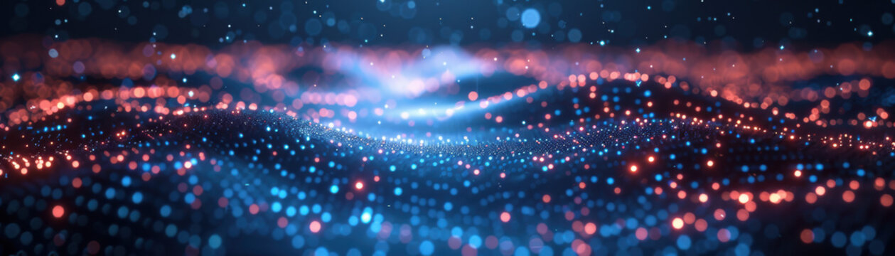 Abstract digital landscape with glowing blue and red particles, representing data flow and technology. Depth of field creates a dynamic, futuristic scene.