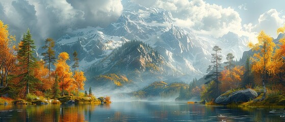 Wall Mural - A beautiful landscape with a mountain range in the background and a lake in the foreground