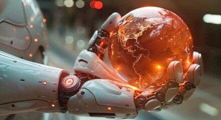 Wall Mural - Advanced robotic hand holding a glowing digital globe