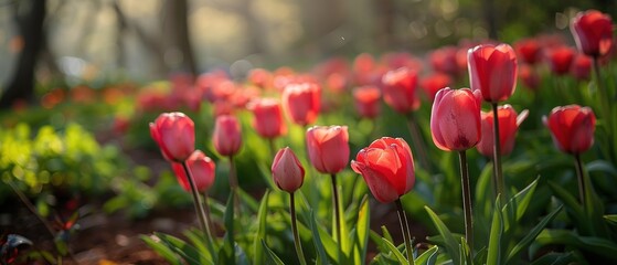 Wall Mural - A field of red tulips with a bright sun shining on them