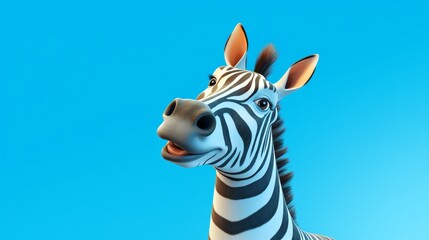 An animated zebra character with a cheerful expression against a blue background