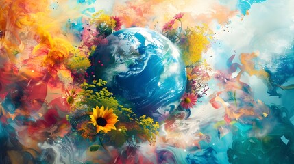 Vibrant Embrace Earth Cradled in Swirling Tie Dye Tapestry of Life and Technology