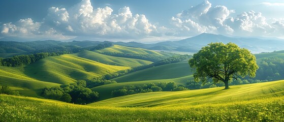 Wall Mural - A large tree stands in a field of green grass. The scene is peaceful and serene, with the tree providing a sense of stability