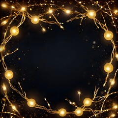 Wall Mural - Christmas warm gold garland lights over dark background with glitter overlay Generative AI 