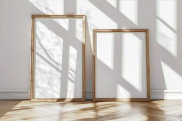 two empty wooden frame poster mockup, 3d render wooden frame