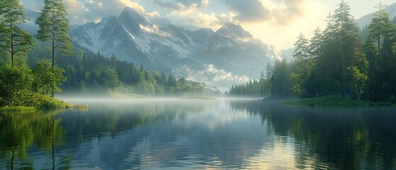 Wall Mural - A beautiful mountain range with a lake in the foreground