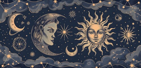 celestial mystic landscape with sun and moon symbols