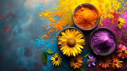 colorful powders and flowers on blue background, vibrant and eye-catching display of nature and art.