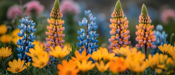 Wall Mural - A field of flowers with a mix of blue, yellow, and orange flowers. The flowers are arranged in a way that creates a sense of harmony and balance. The bright colors of the flowers create a cheerful