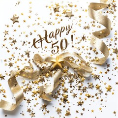 Wall Mural - Celebrating 50, happy text in festive font, marking a joyful milestone, perfect for birthday invitations, anniversary announcements, or celebratory designs with a cheerful and vibrant theme