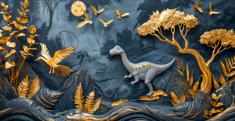 Wall Mural - Dark blue jungle scene with intricate 3D mural, golden birds in flight, white gold dinosaur among gold waves, creating a modern art masterpiece