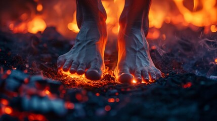 Detailed view of bare feet walking on burning hot coals, with a dark background highlighting the fiery coals and heat waves