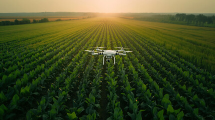 Drone Flying Over Green Crop Field at Sunset