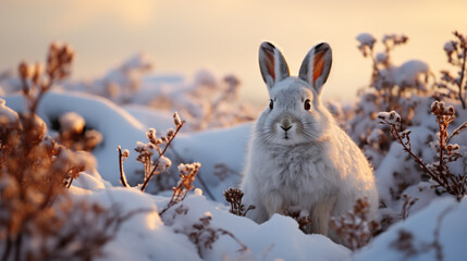 a snowshoe hare perfectly camouflaged in its winter coat