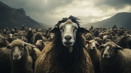 Among the white sheep, a black sheep looked at the shepherd from a distance