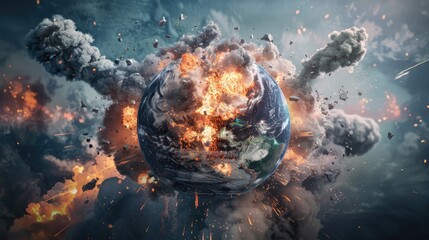 Wall Mural - Planet Earth exploding from nuclear blast. Explosion of atomic bomb. Apocalypse, world war