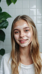 Wall Mural - Happy young beautiful Caucasian woman takes care of her facial skin.