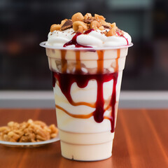 a cup of ice cream with toppings and nuts