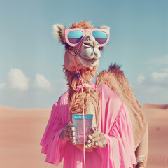 Wall Mural - Camel in pink clothes and sunglasses drinking cocktail in the desert. Holiday concept