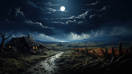 Wall Mural - old barn in Kentucky hills at night, full moon, clouds, raccoons, wildflowers