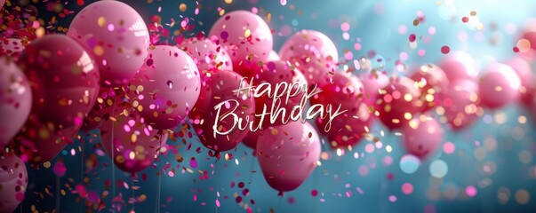 Pink themed happy birthday card template with balloons and confetti