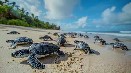 Wall Mural - Juvenile Sea Turtles Journey Towards the Ocean