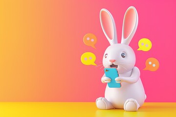Wall Mural - 3D rendering. Cartoon rabbit with phone, text message bubbles, bright colors, fun and cheerful design