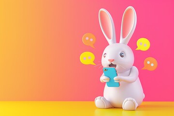 Poster - 3D rendering. Cartoon rabbit with phone, text message bubbles, bright colors, fun and cheerful design