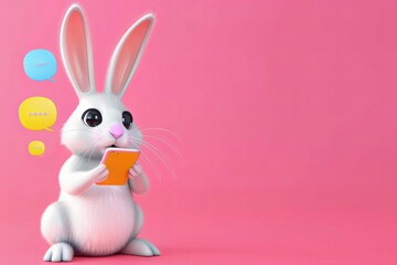 Canvas Print - 3D rendering. Cartoon rabbit with phone, text message bubbles, bright colors, fun and cheerful design