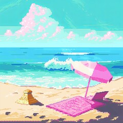 Canvas Print - 8-bit pixel style image of the perfect beach scene, a sunny day, a pink towel laid out to tan with a closed beach umbrella